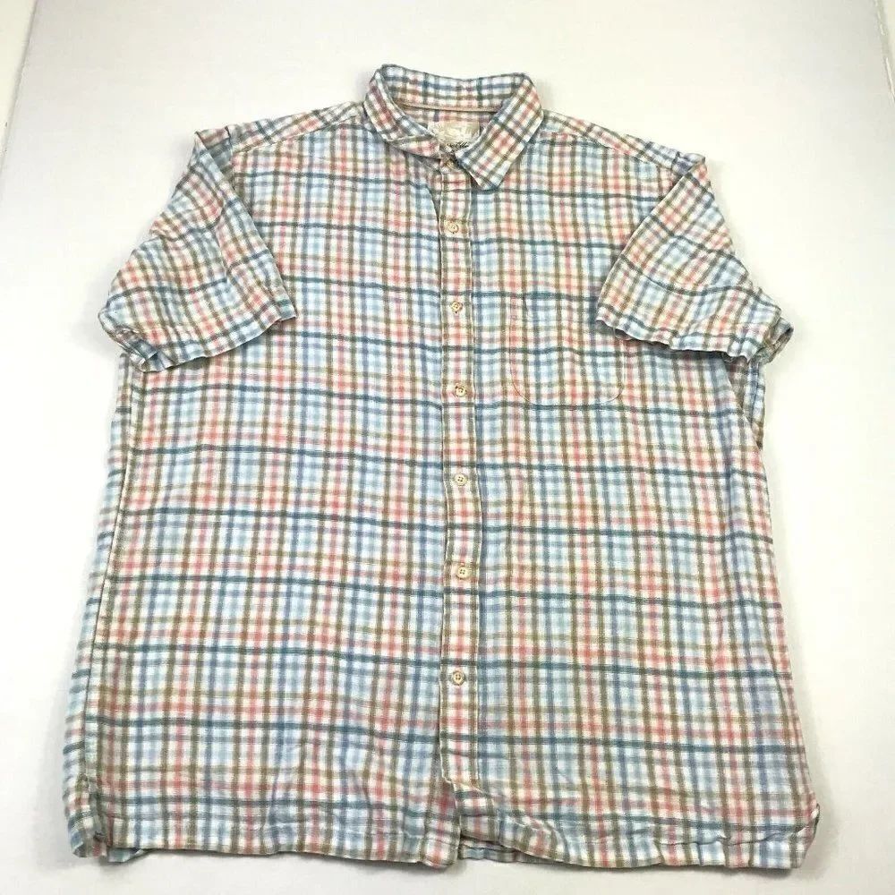 Tasso Elba Island Mens Button Up Shirt Plaid Short Sleeve Linen Blend Top Large